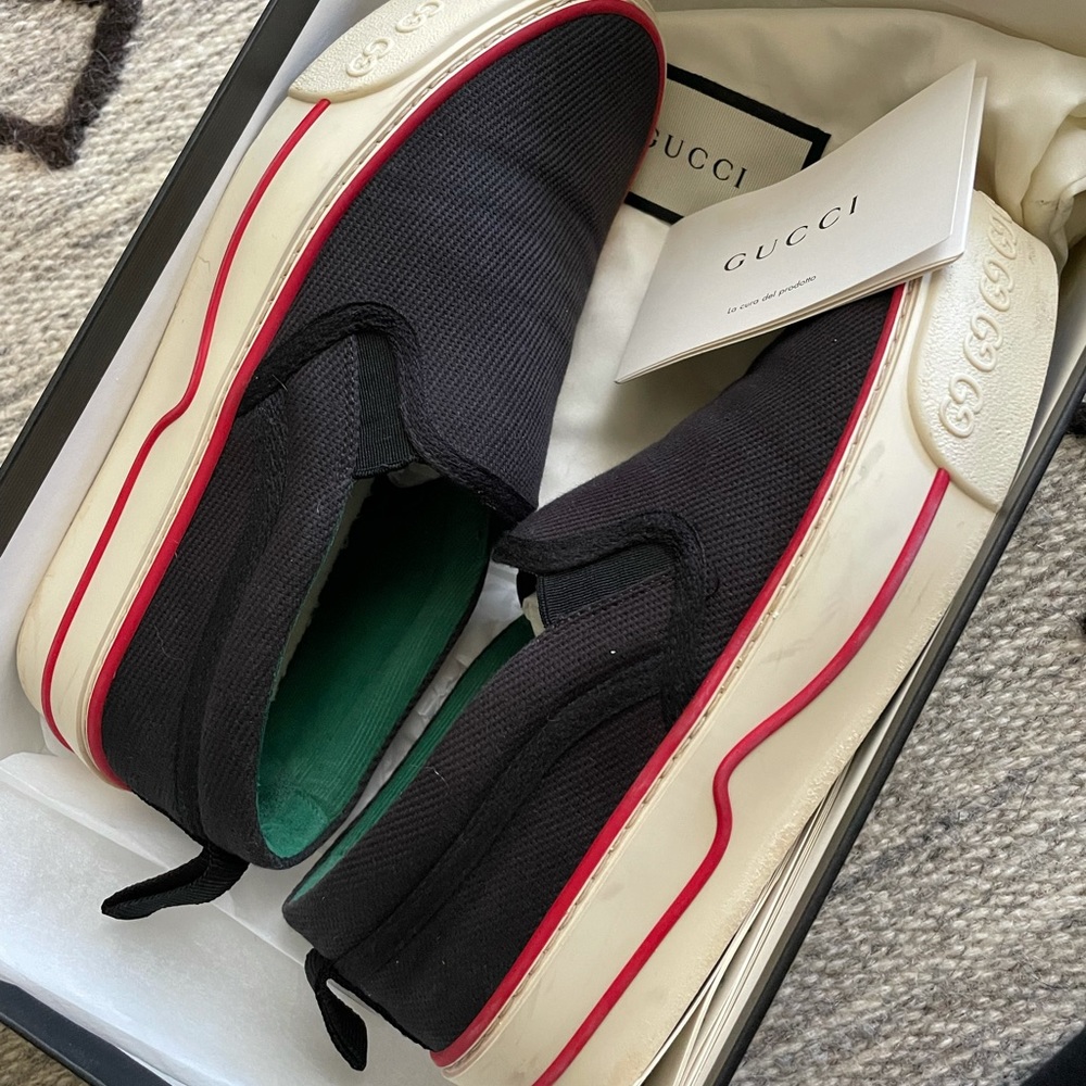 Gucci Black Slip-On Sneakers with Red Trim